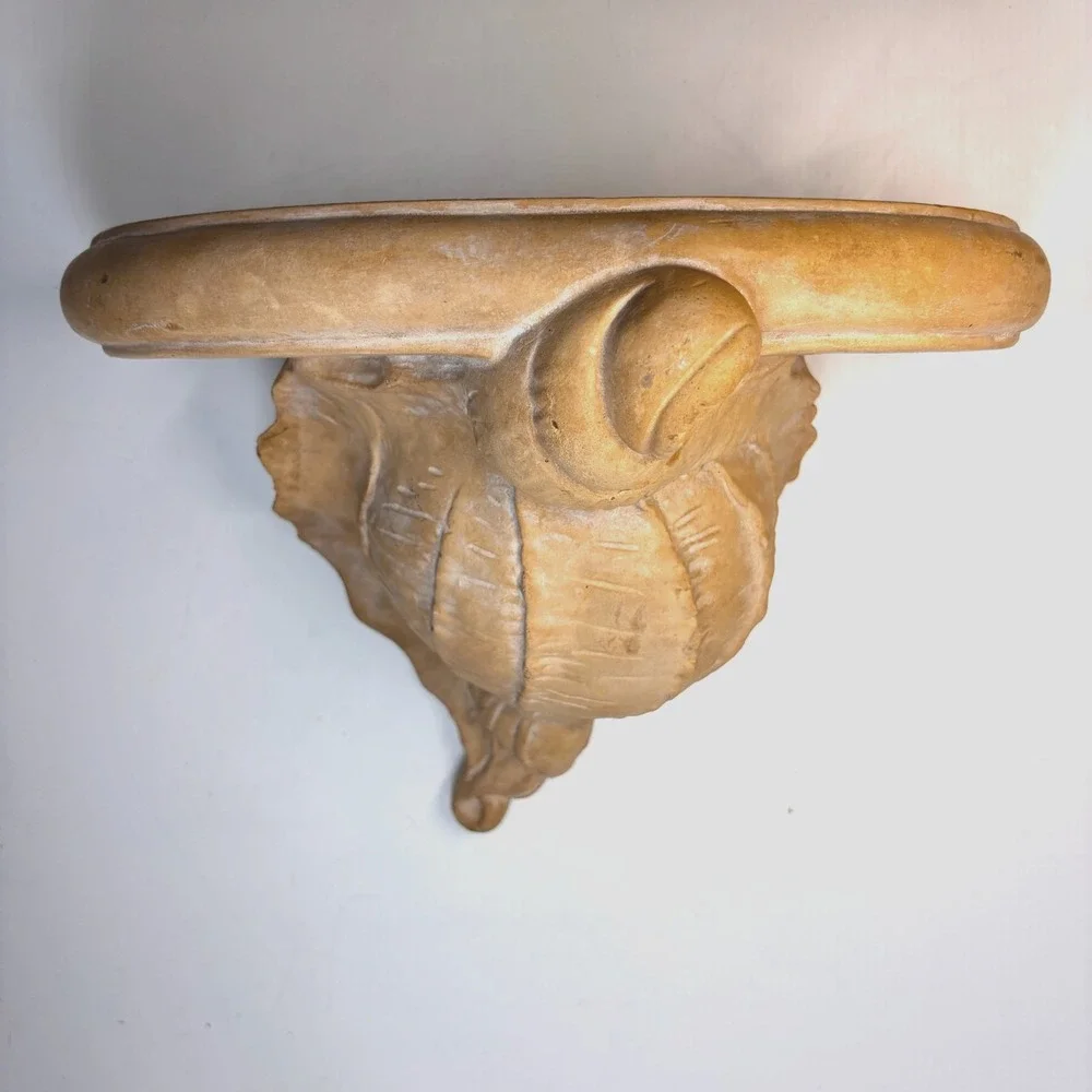 Vintage Plaster Conch Shell Wall Sconce Shelf Bracket Coastal Decor Accent, 12